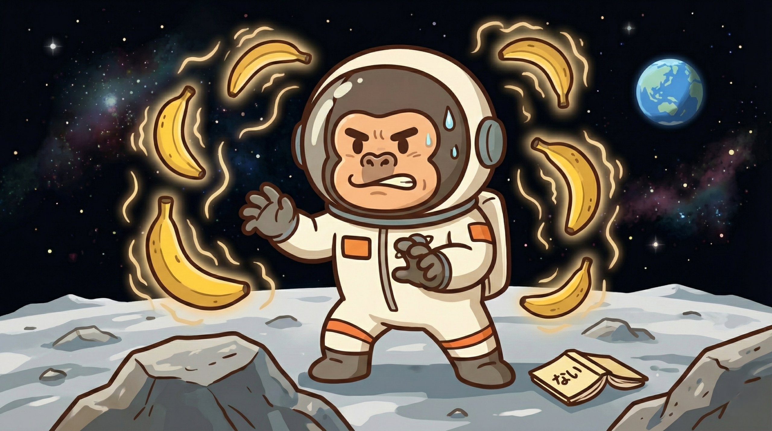 宇宙田ごりらが冥王星でバナナを浮かせる特訓をしている様子