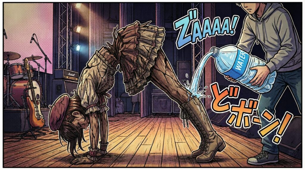 ブーツの中に入れた水を足から飲むカナッペの様子