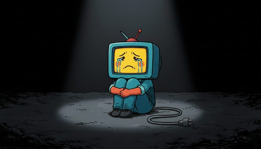 体育座りで落ち込む粗大野テレビの様子