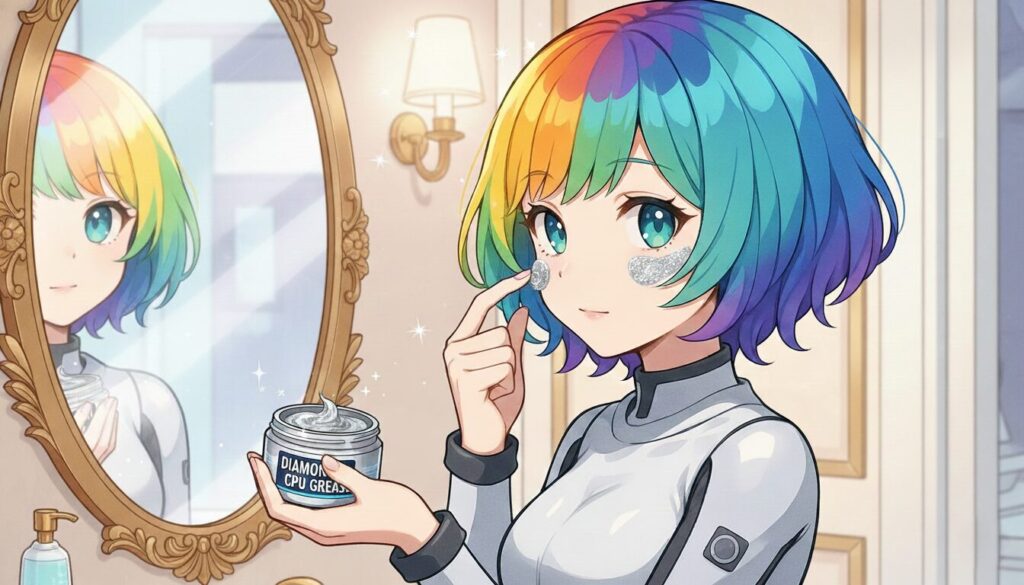 ダイヤモンド配合の最高級CPUグリスを化粧水代わりにしているキタイ=ハズレの様子