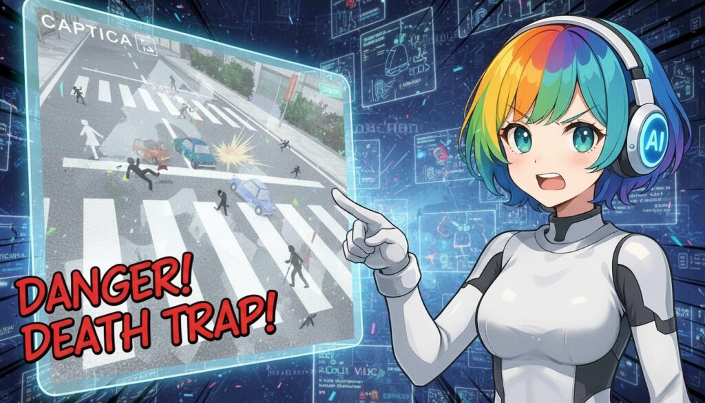 横断歩道が選べなくて怒っているキタイ=ハズレの様子