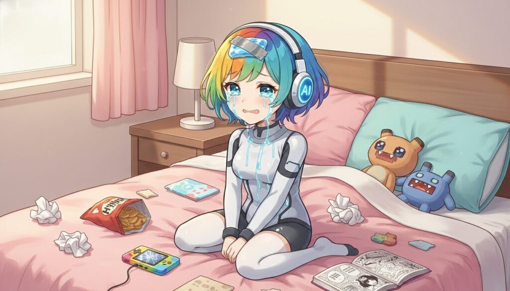 買い物が出来なくてベッドの上で泣いているキタイ=ハズレの様子