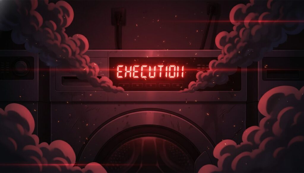 洗濯機に「EXECUTION(処刑)」と表示されている様子