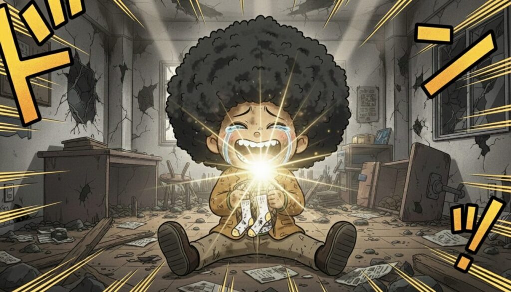 パセリ端之助が泣きながら黒焦げになった洗濯ネットを握りしめている様子