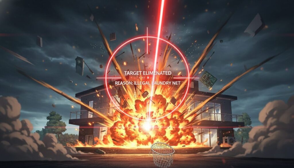 政府への反逆可能性ありと判断され、無慈悲に自宅が爆破される様子