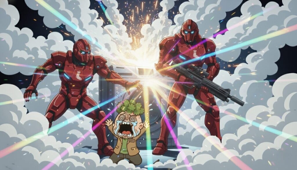 右足帝国の「処刑部隊」が到着しパセリ端之助がパニックになる様子