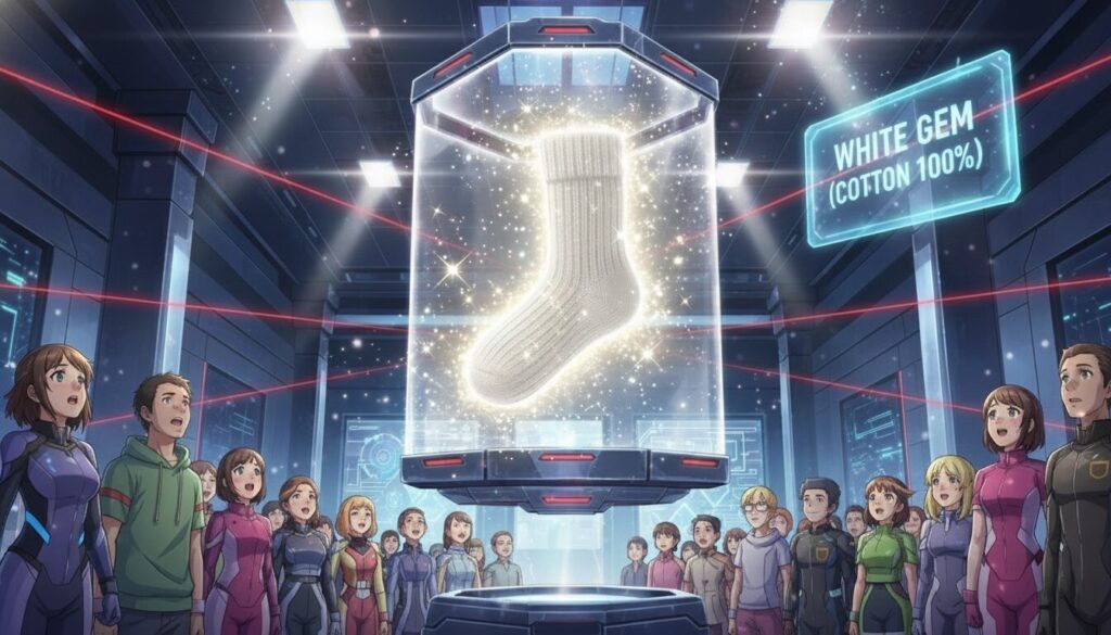 未来人が靴下をあがめている様子