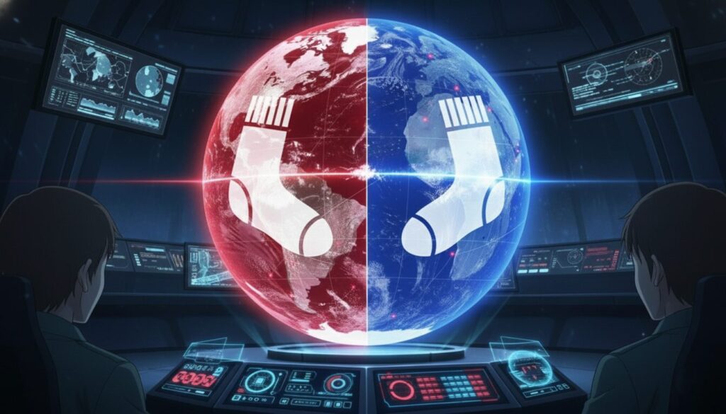 靴下によって世界が2分された様子