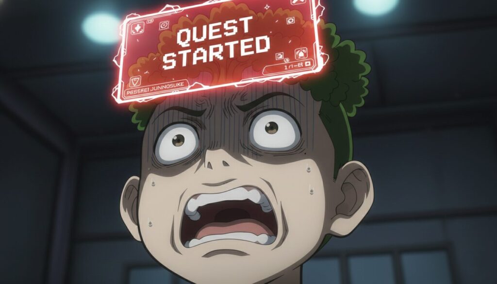 頭上にクエストスタートのポップアップが浮かび驚愕するパセリ端之介