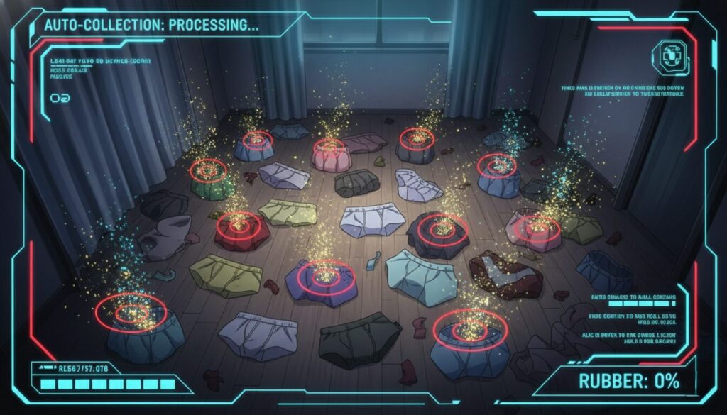 部屋中のパンツからゴムを納税させられる様子