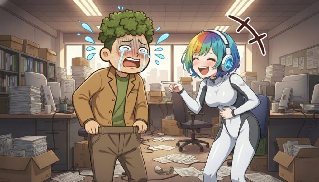 落ちないように必死にズボンをおさえるパセリ端之助を見て笑うキタイ=ハズレ