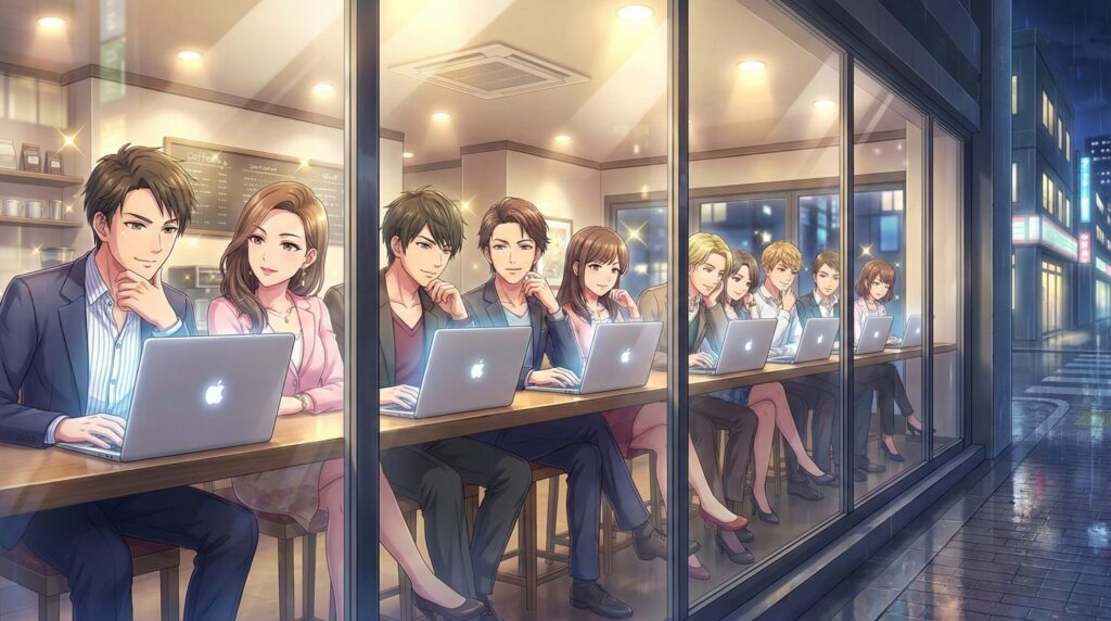 窓際の人々が誇らしそうにノートPCを開いている様子