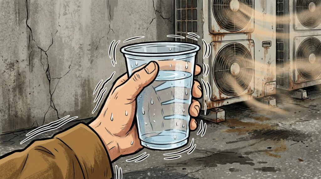 パセリ端之助が店の裏手の路地裏で水を持っている様子