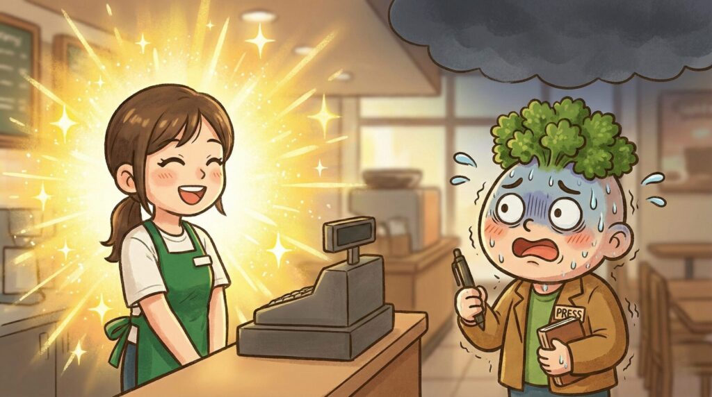 店員さんの笑顔にびびるパセリ端之助