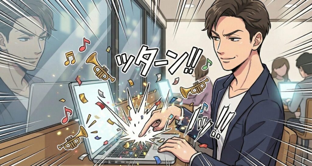 ナルシストが無駄に強くエンターキーを押してセルフファンファーレをしている様子