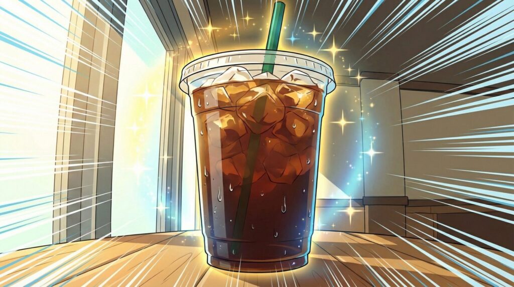 テーブルの上に置かれ輝いているグランデサイズの珈琲