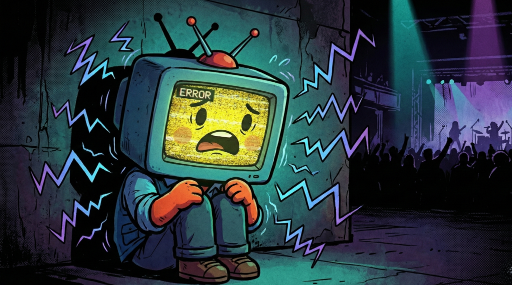 サブリミナル映像や催眠音波のような電磁的な干渉を警戒している粗大野テレビの様子