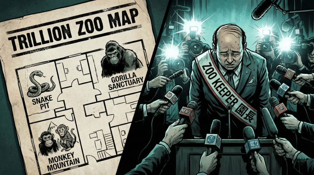 トリリオン・リンクス人事部長が“園長”として謝罪会見を開いている様子