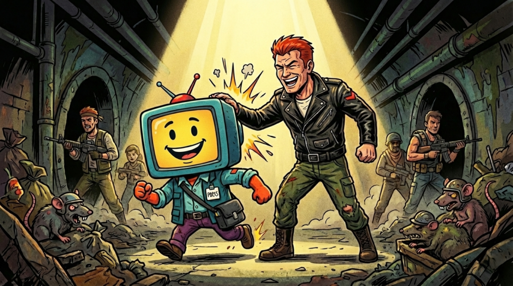 「鼓膜破りの雷男(ゴロゴロ・トドロキ)」轟に背中を叩かれる粗大野テレビの様子