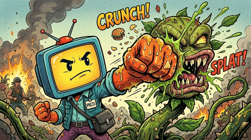 植物にジャンクフードの油まみれの拳をたたき込む粗大野テレビの様子