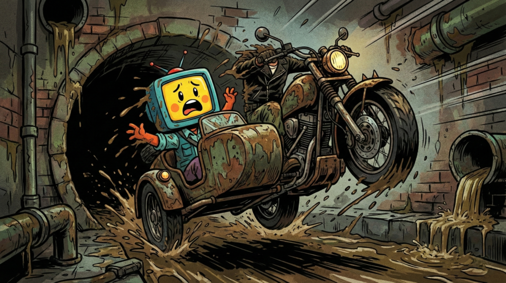 「鼓膜破りの雷男(ゴロゴロ・トドロキ)」轟が粗大野テレビを助けて下水道から逃げる様子