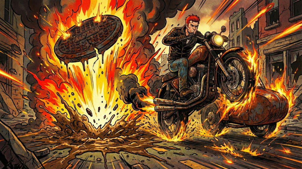 「鼓膜破りの雷男(ゴロゴロ・トドロキ)」轟が爆発するマンホールの中から出てきた様子