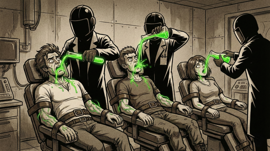 レジスタンスのメンバーが過去強制的に特製リフレッシュウォーターを飲まされている様子