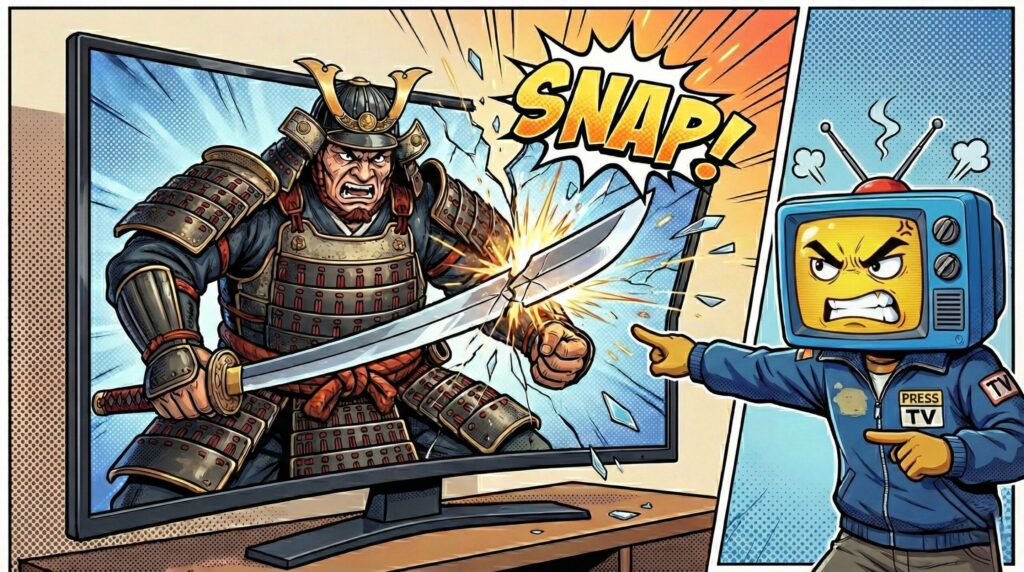 薄型テレビに怒っている粗大野テレビの様子