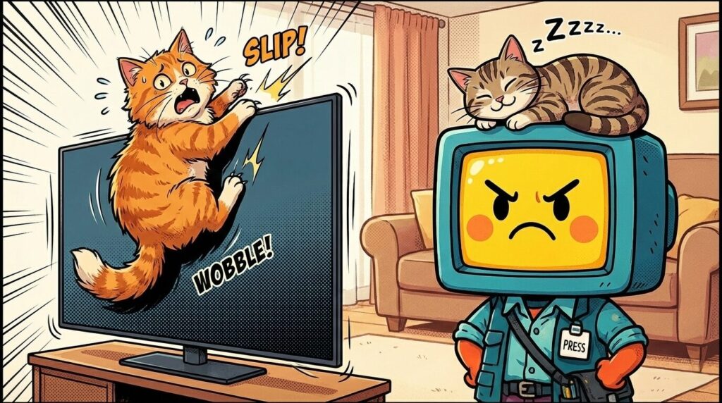 薄型テレビの上に乗ろうとしてずり落ちている猫を見ている粗大野テレビの様子
