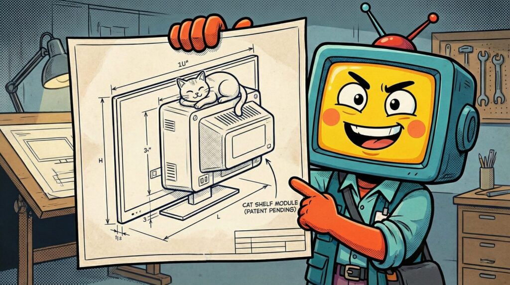 薄型テレビの背面に設置する「猫用の台座」の設計図を誇らしげに見せる粗大野テレビの様子